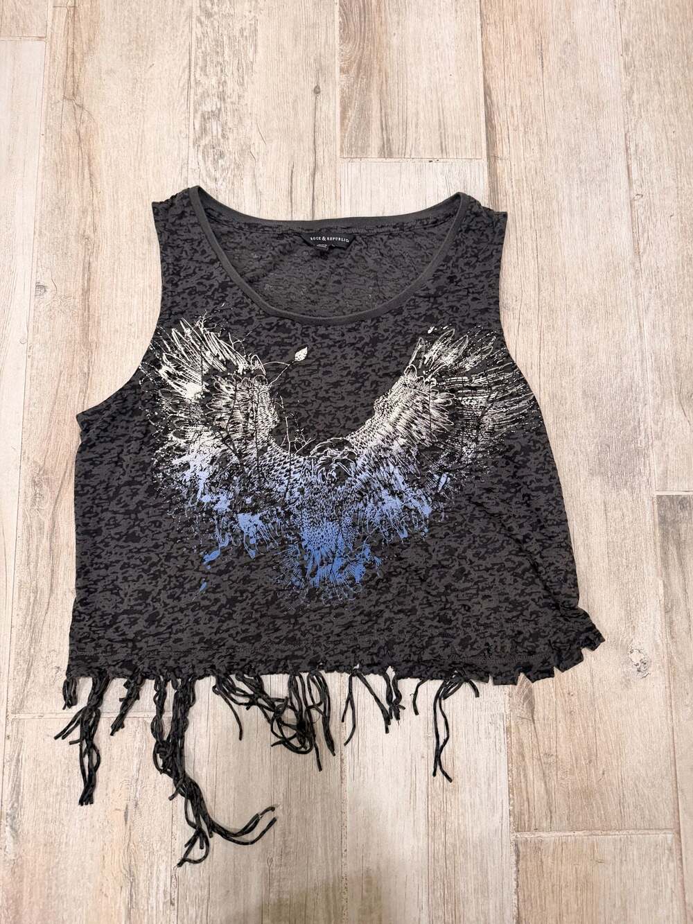 Rock & Republic Black Fringe Tank Top with Eagle Graphic